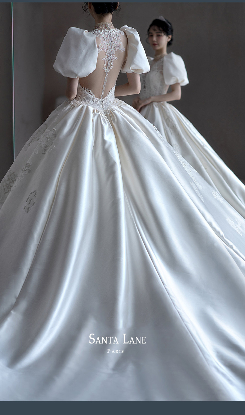 白色主婚纱2022新款新娘宫廷风缎面法式复古简约超仙大拖尾婚纱女