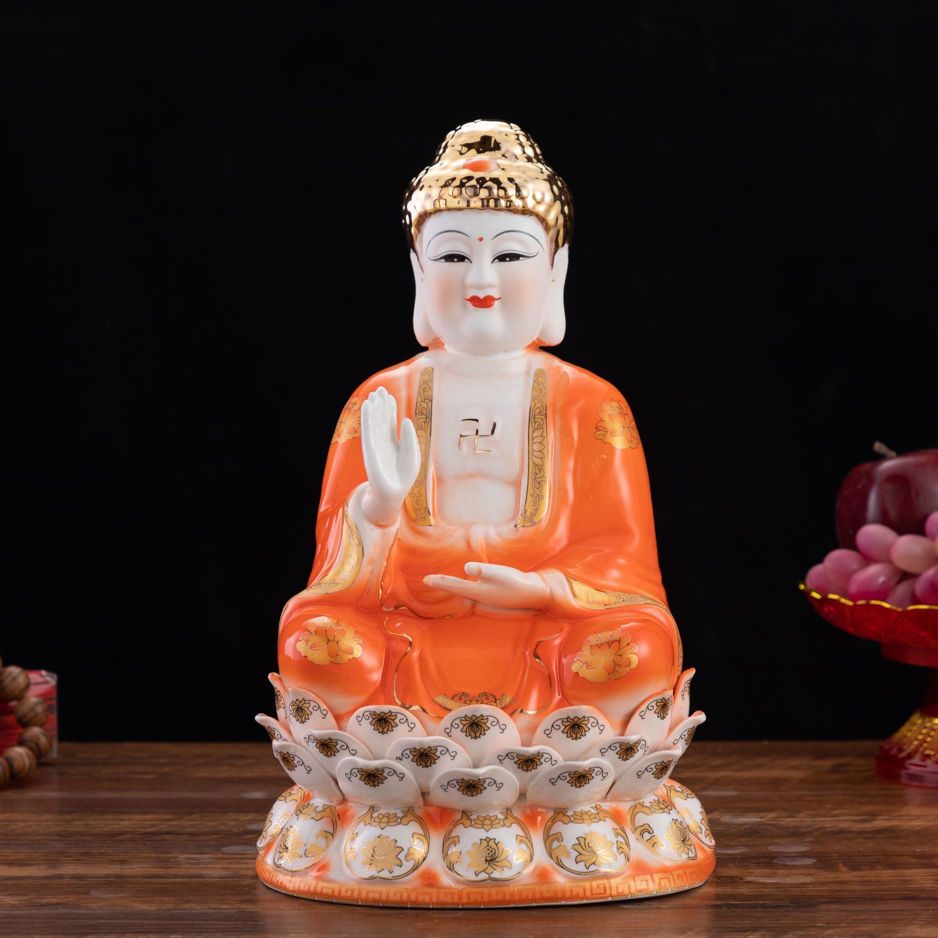 陶瓷佛像大莲吉红如来佛祖释迦摩尼佛陶瓷工艺摆件