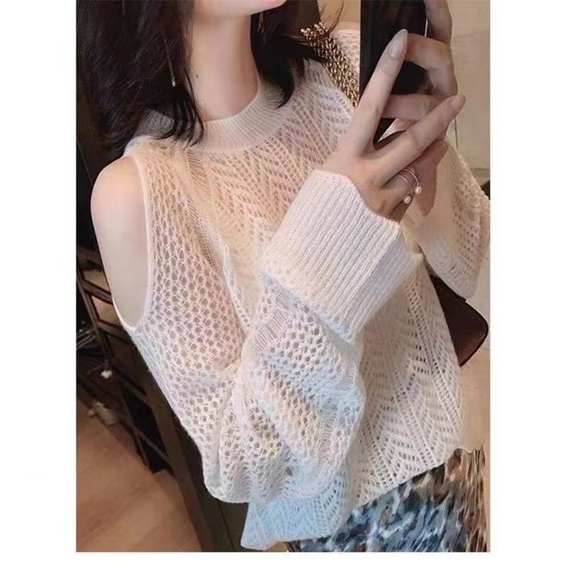镂空露肩上衣温柔慵懒风冰丝薄款打底针织衫宽松外穿防晒罩衫女夏