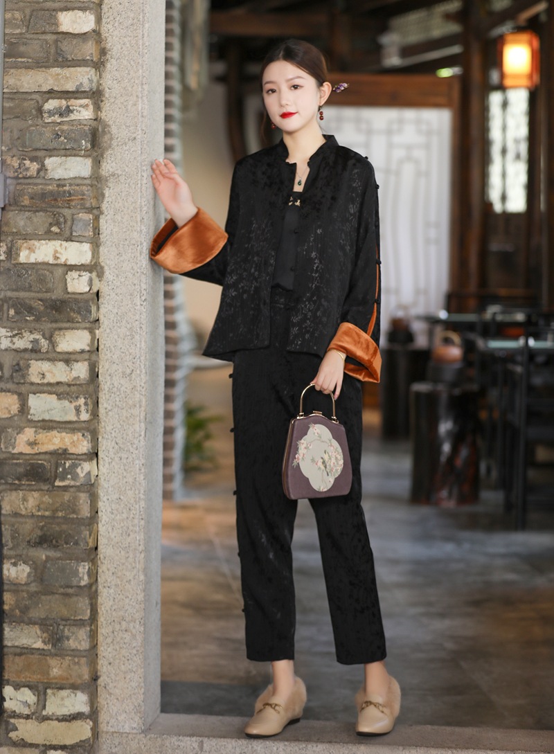 中式复古外套中国风中式开衫盘扣唐装拼接袖口女装上衣裤套装女