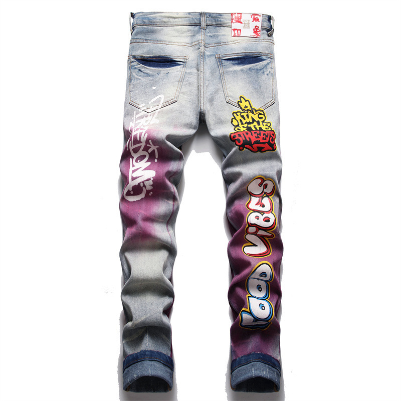 Foreign Trade Style Punk Trendy Retro Blue Ripped Slim Elastic Printing Printing and Dyeing Feet Men's Jeans 3291
