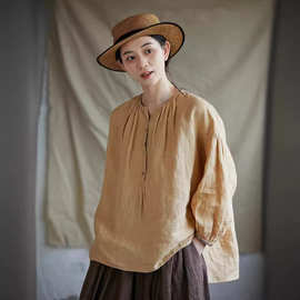 文艺休闲 夏款稻草黄圆领宽松显瘦士林染亚麻衬衫