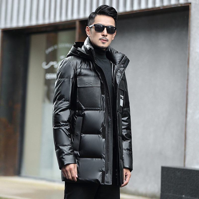 批发中年亮面免洗男士羽绒服中长款加厚纯黑色休闲冬季保暖外套
