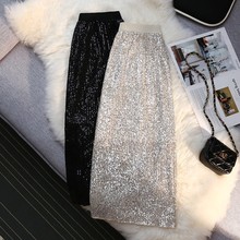 women skirt a line elegant sequin long summer elastic split