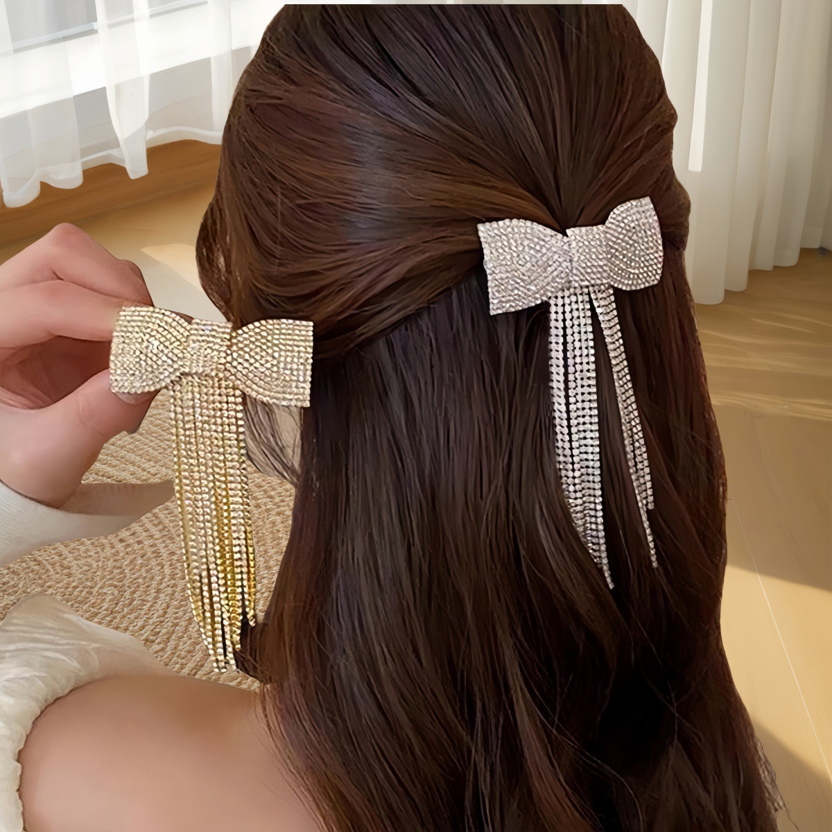 网红新款时尚气质发饰 优雅水钻爪链蝴蝶结发卡奢华长款流苏发夹