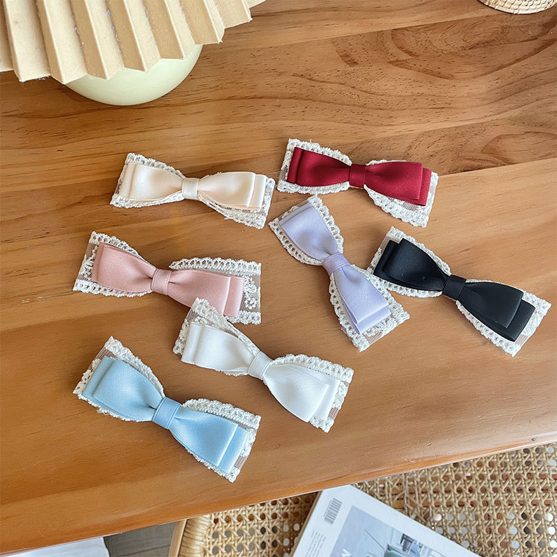 French Retro Lace Fabric Color-Blocking Bow Barrettes Bang Clip Top Clip Low Ponytail Temperament Hair Rope