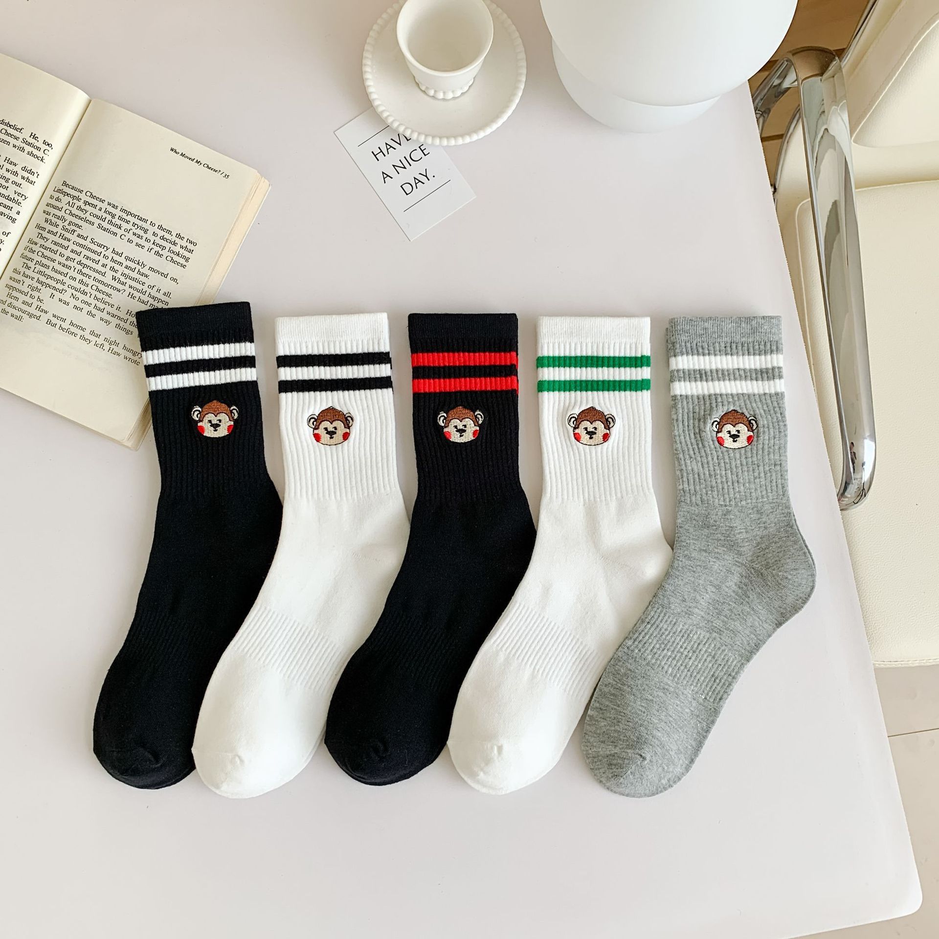 Autumn and Winter Long Socks Parallel Bars Flat Monkey Embroidery Net Red Style Striped All-Matching Athletic Socks Cute Ins Fashion