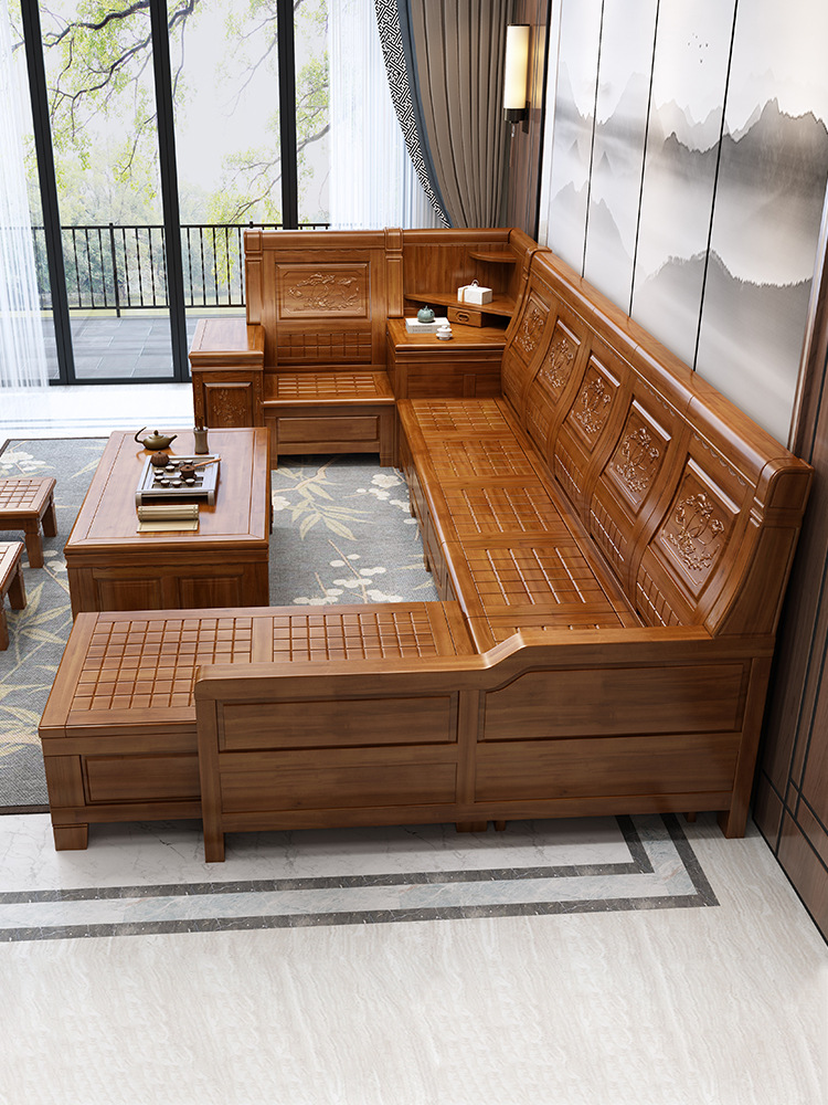 香樟木沙发实木组合全实木客厅家具原木雕花复古储物木头中式沙发