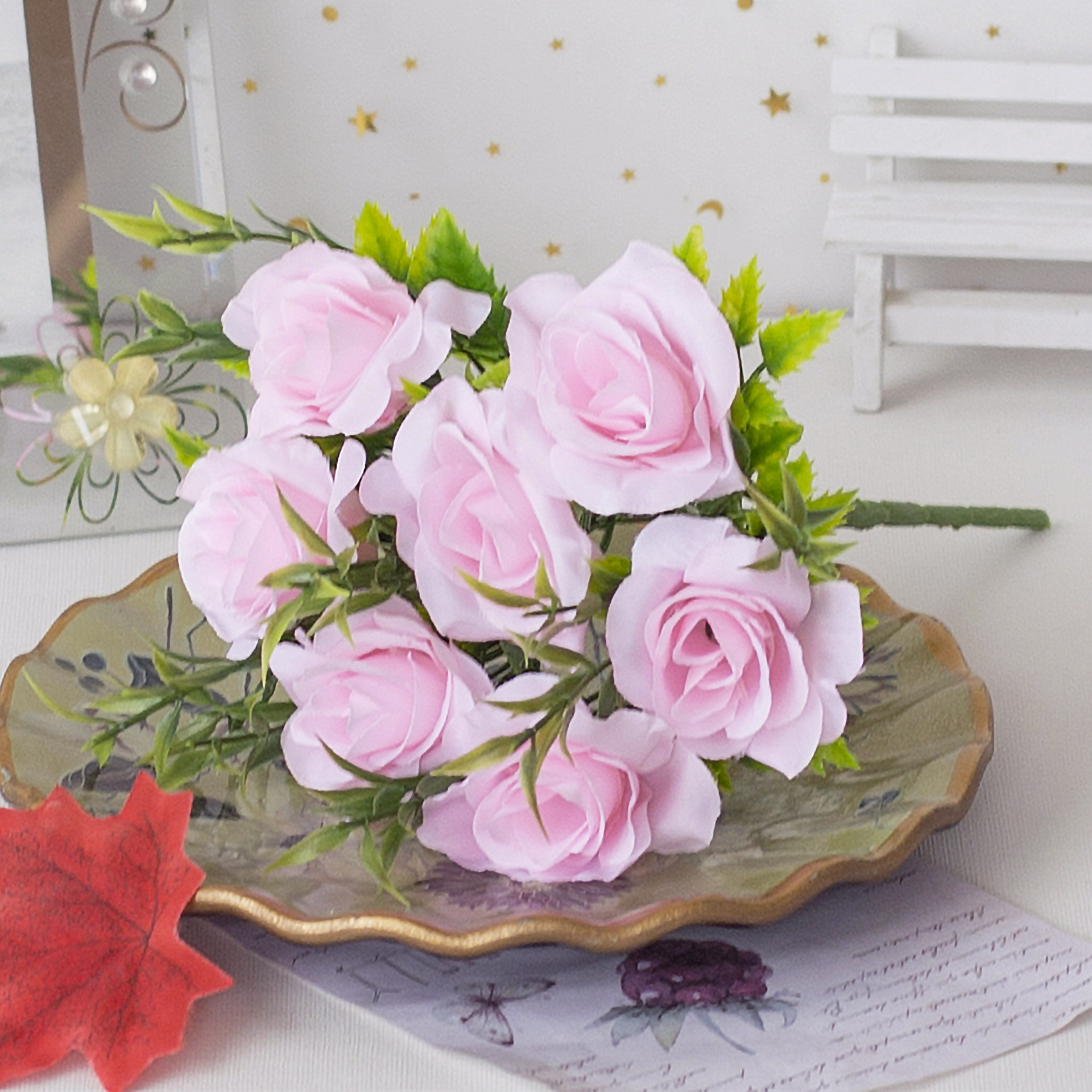 玫瑰花仿真花假花7头玛丽玫瑰客厅餐桌卧室塑料花束装饰