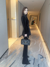 欧美秋冬新款黑色加厚丝绒西装外套修身显瘦气质喇叭裤西服套装女