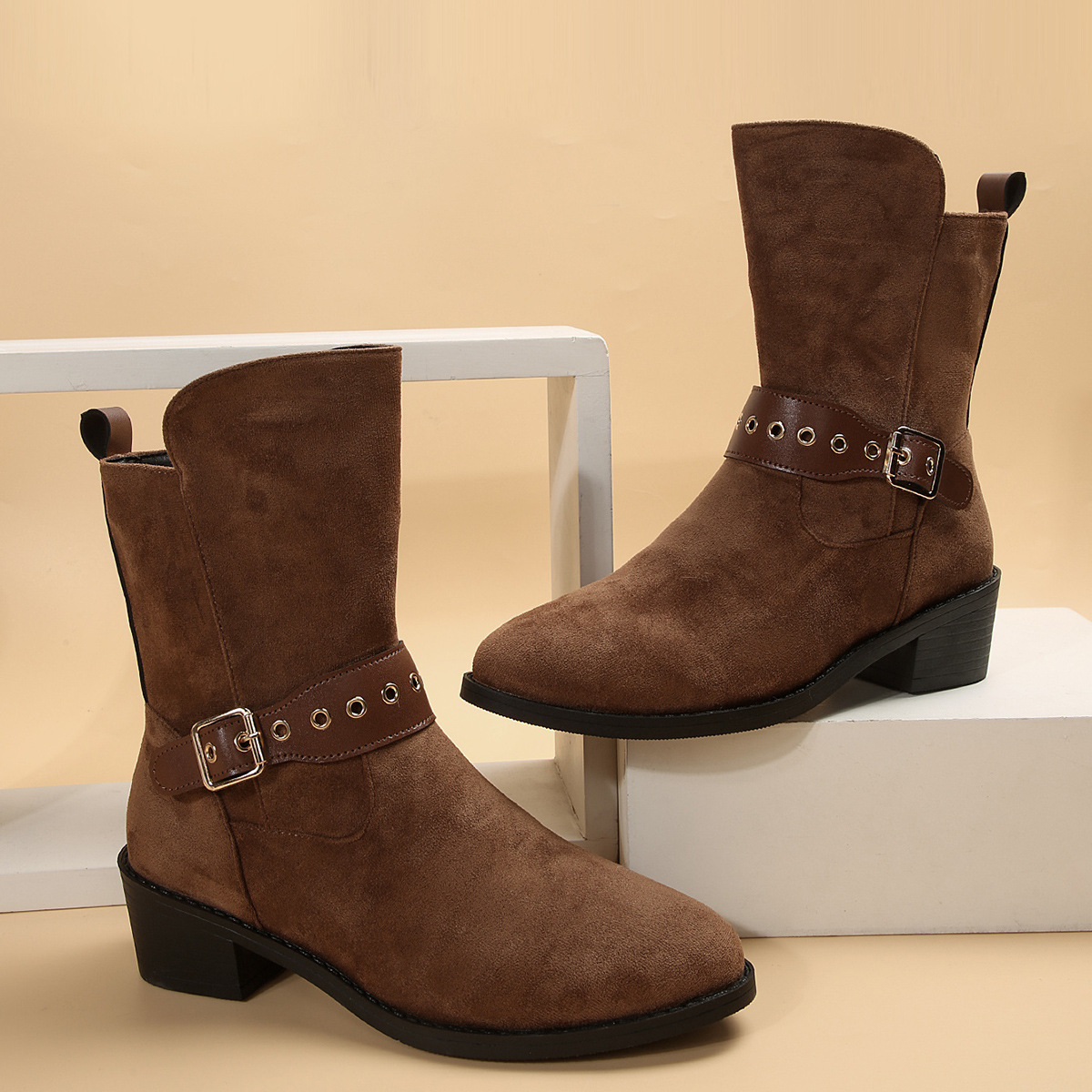 大码欧美西部骑士靴2023秋冬新款复古绒面皮带扣马丁靴方跟中筒靴