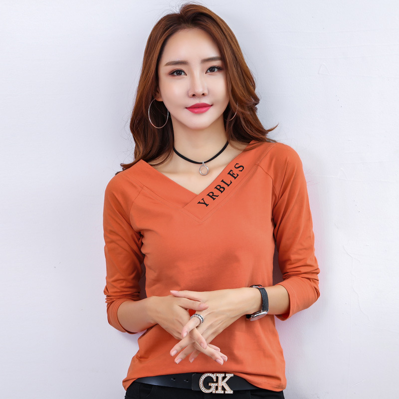 实拍2021春装新款丅恤v领显瘦纯 棉t恤女长袖大码打底衫体恤衫衣