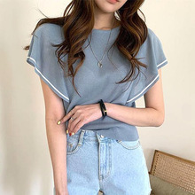 韩国chic2024夏季新款小众复古圆领拼色荷叶边袖冰丝针织衫上衣女