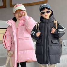 呦奇冬季新款韩版儿童羽绒服时尚拼条织带长款加厚保暖羽绒服