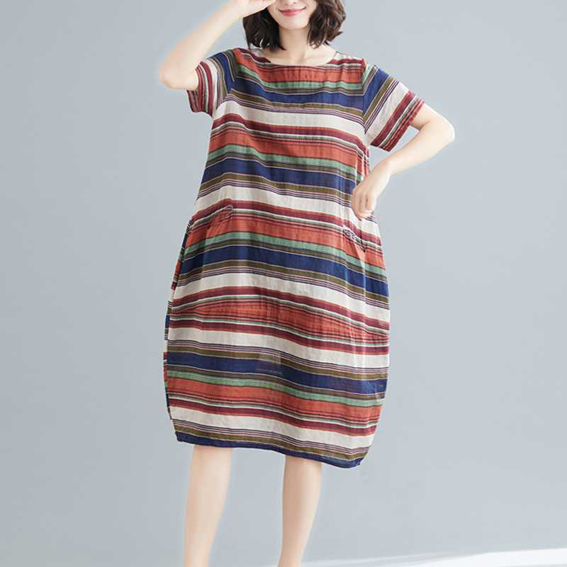 2021新款女夏条纹棉麻连衣裙直筒宽松棉绸中长款休闲印花苎麻长裙