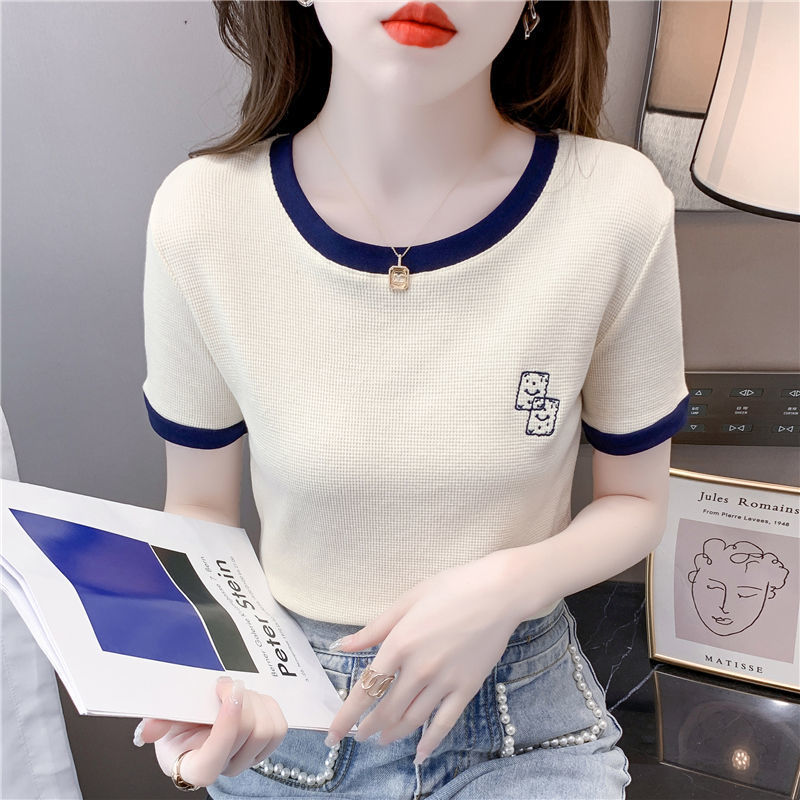 European Goods Fashion Short Sleeve T-shirt Women's Clothing 2022 Summer New Loose Fashion Color Contrast Chic Top