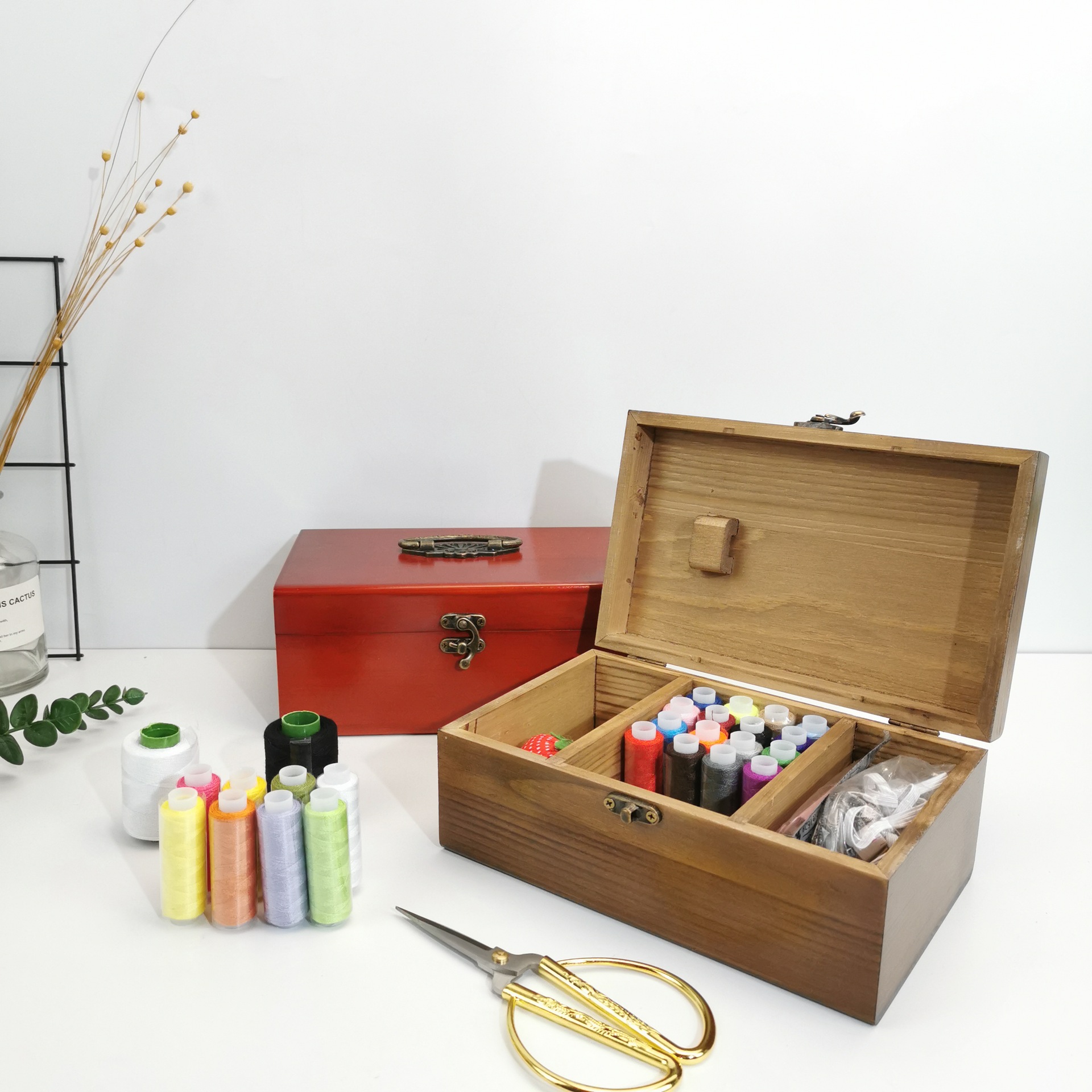 复古木针线盒木盒定制木质收纳盒家用便携针线盒针线收纳盒
