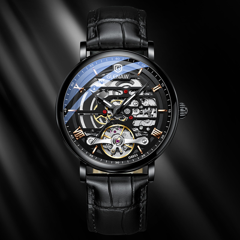 包邮格伦皮带防水机械表时尚全自动镂空机械男士手表直供男表批发