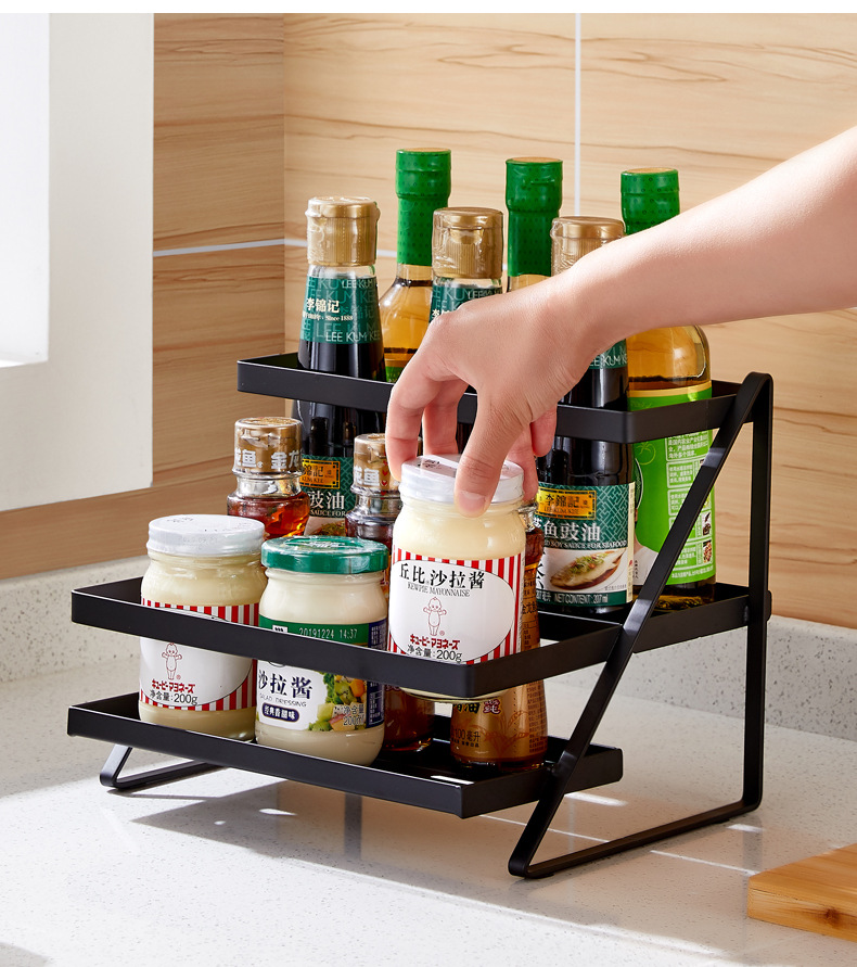 厨房收纳调味料放置架不锈钢烤漆香料架台面两层带护栏调料置物架