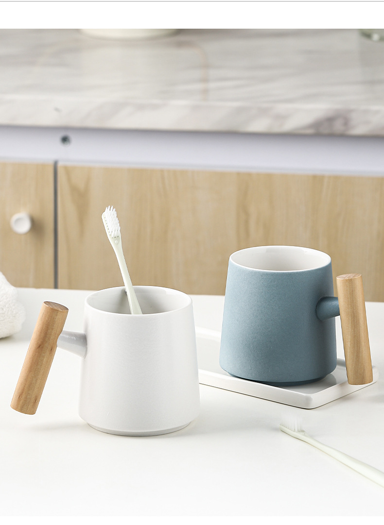 中式磨砂木柄陶瓷漱口杯情侣套装家用创意牙刷杯洗漱杯牙缸一对