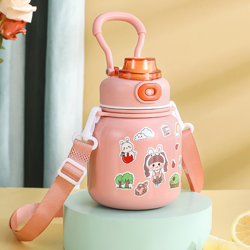 316 Stainless Steel DIY Children's Thermos Mug Portable Outdoor Bounce Cup with Straw Double-Layer Vacuum Cartoon Insulation Pot