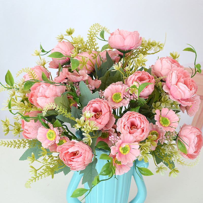 仿真花欧式7头把束小牡丹 办公室餐桌摆放花 书房小清新花束 绢花