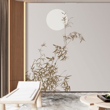 中式艺术水墨竹子背景墙纸书房卧室茶室墙布圆月意境竹影禅意壁纸