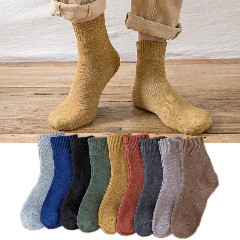 带吊牌秋冬款50g男士保暖毛圈袜棉中筒纯色棕色棉加厚棉袜情侣款