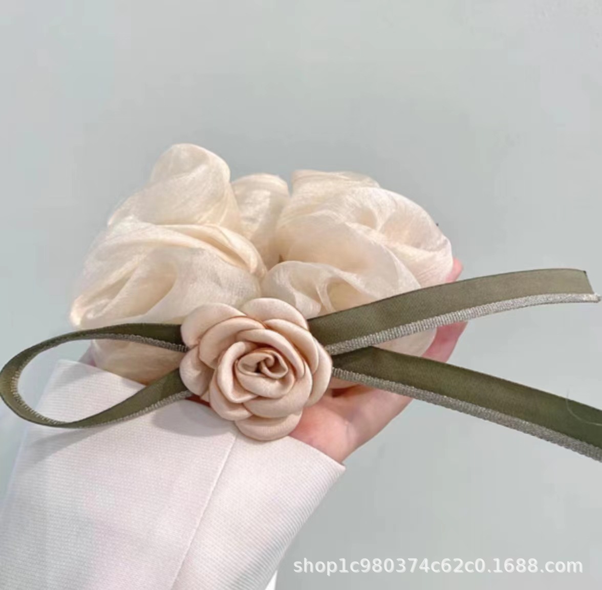 Special-Interest Design Gentle Bow Large Intestine Hair Ring Pearl Flower Hair Rope Girls Green Rubber Band Tie Horsetail Headwear