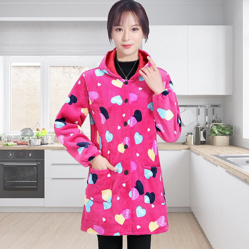 新款法兰绒罩衣成人有袖加绒防污防油大褂女士保暖防护围裙工作服