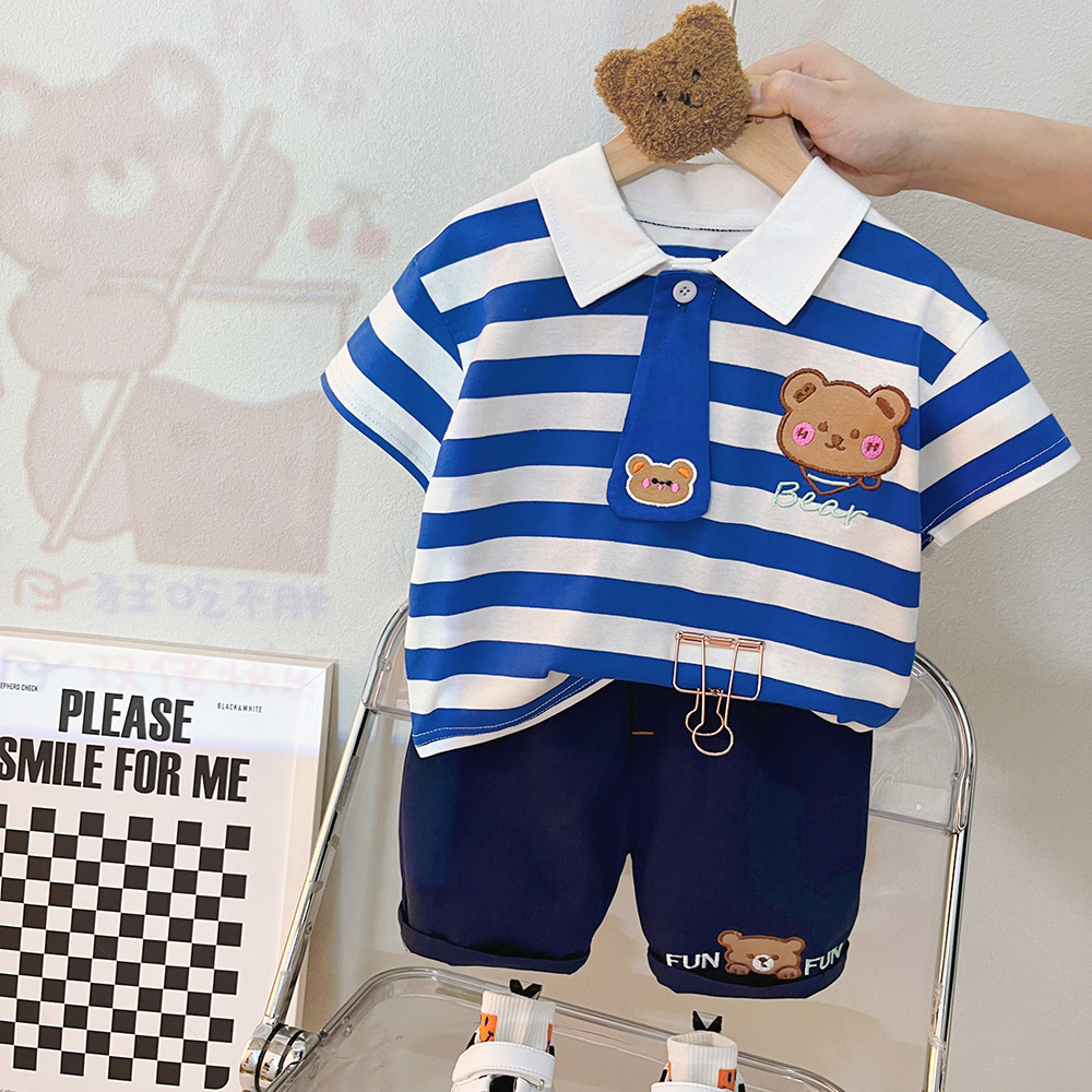 Boys Summer New Girls Korean Style Striped T-shirt Suit Fashion Baby Cute Short Sleeve Two-Piece Set Wholesale