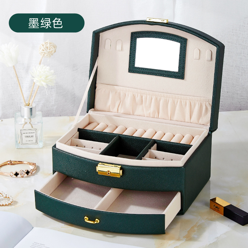 Cross-Border Jewelry Box Fan-Shaped Leather Double Drawer Ring Necklace with Lock Ear Rings Jewelry Jewelry Storage Box