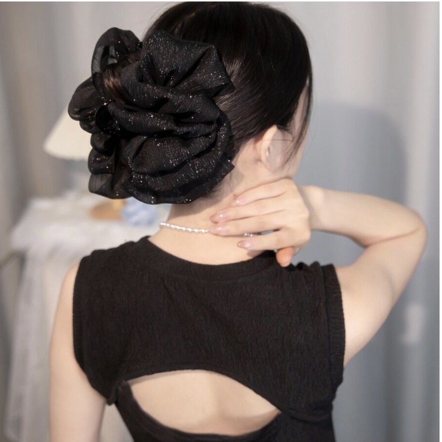 High-Grade Mesh Silver Silk Bow Bubble Hair Clip Female Hair Volume Shark Clip Back Head Updo Hair Headdress Hairpin