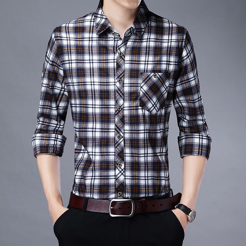 龙君浩男士衬衫长袖休闲宽松衬衣格子真口袋不起球不色外穿薄款