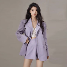 2023年春季新款法式高级感时尚御姐小香风紫色西装短裤两件套装