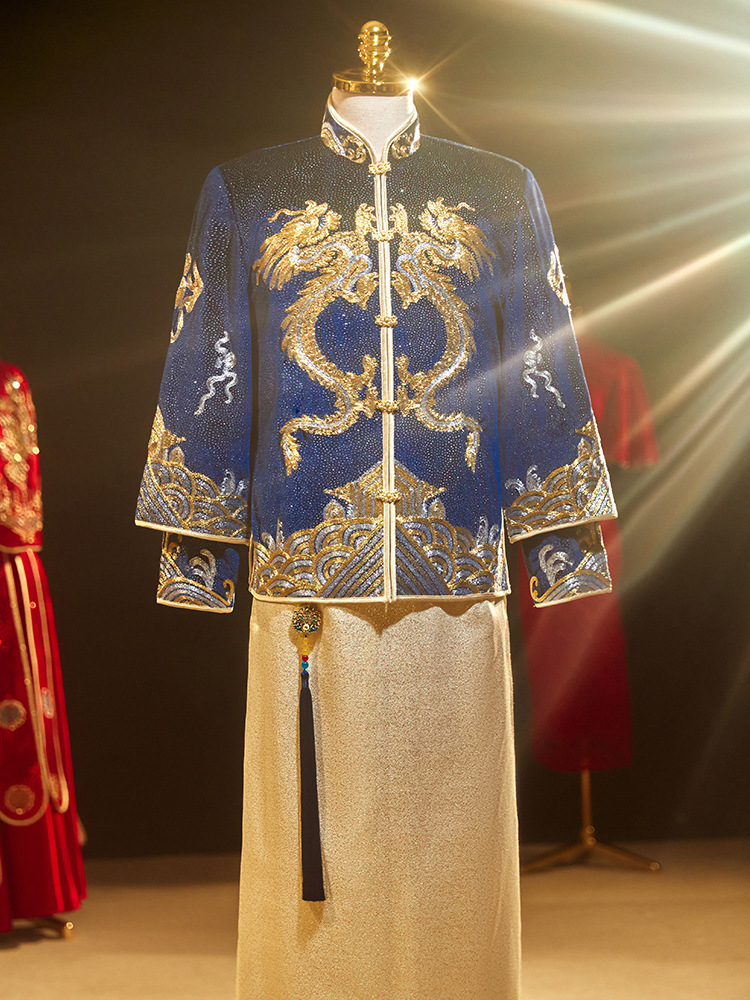 男士秀禾服2023新款中式新郎结婚礼服男装蓝色秀和服男款龙凤褂