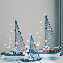 地中海帆船模型摆件做旧工艺船蓝白贝壳船家居客厅餐厅摆件装饰品