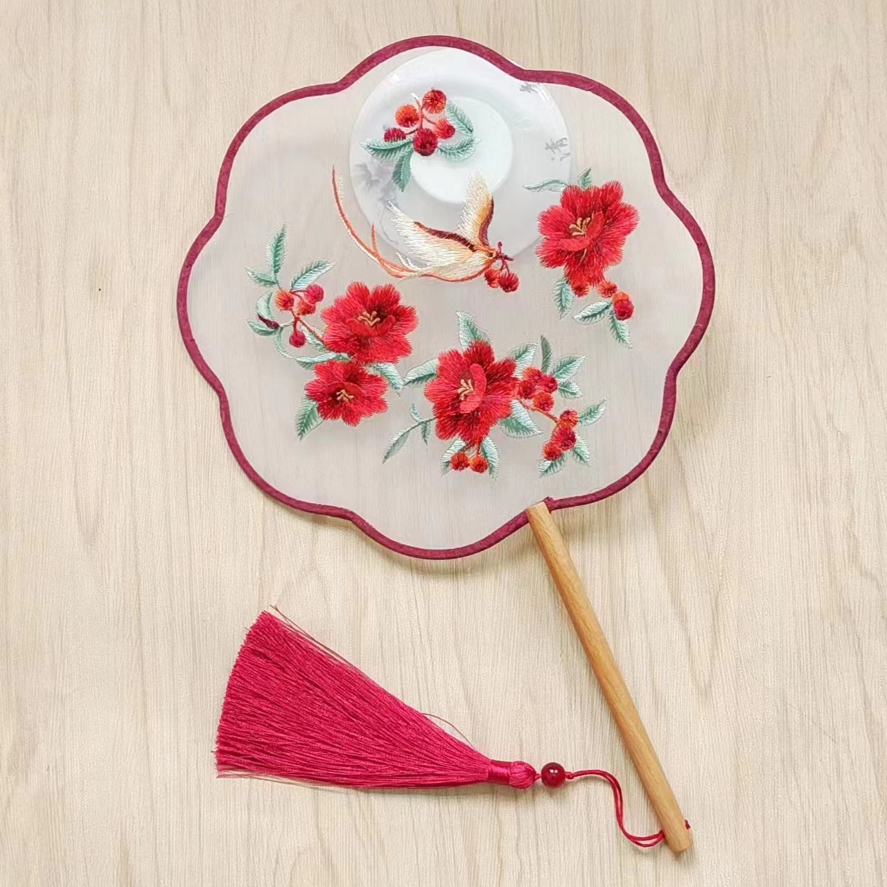 花瓣双面刺绣团扇 古典绣花扇 八瓣海棠异形扇 走秀汉服摄影圆扇