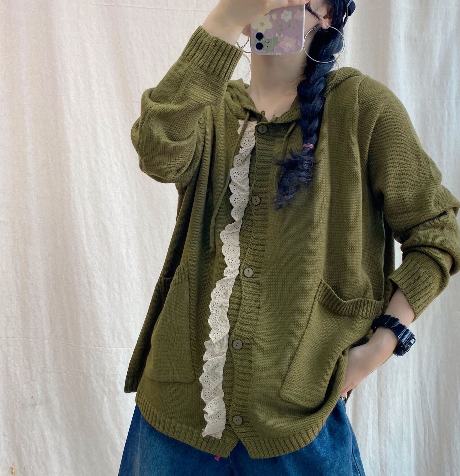 日系文艺拼接花边毛衣女秋季新款长袖开衫连帽休闲文艺针织外套