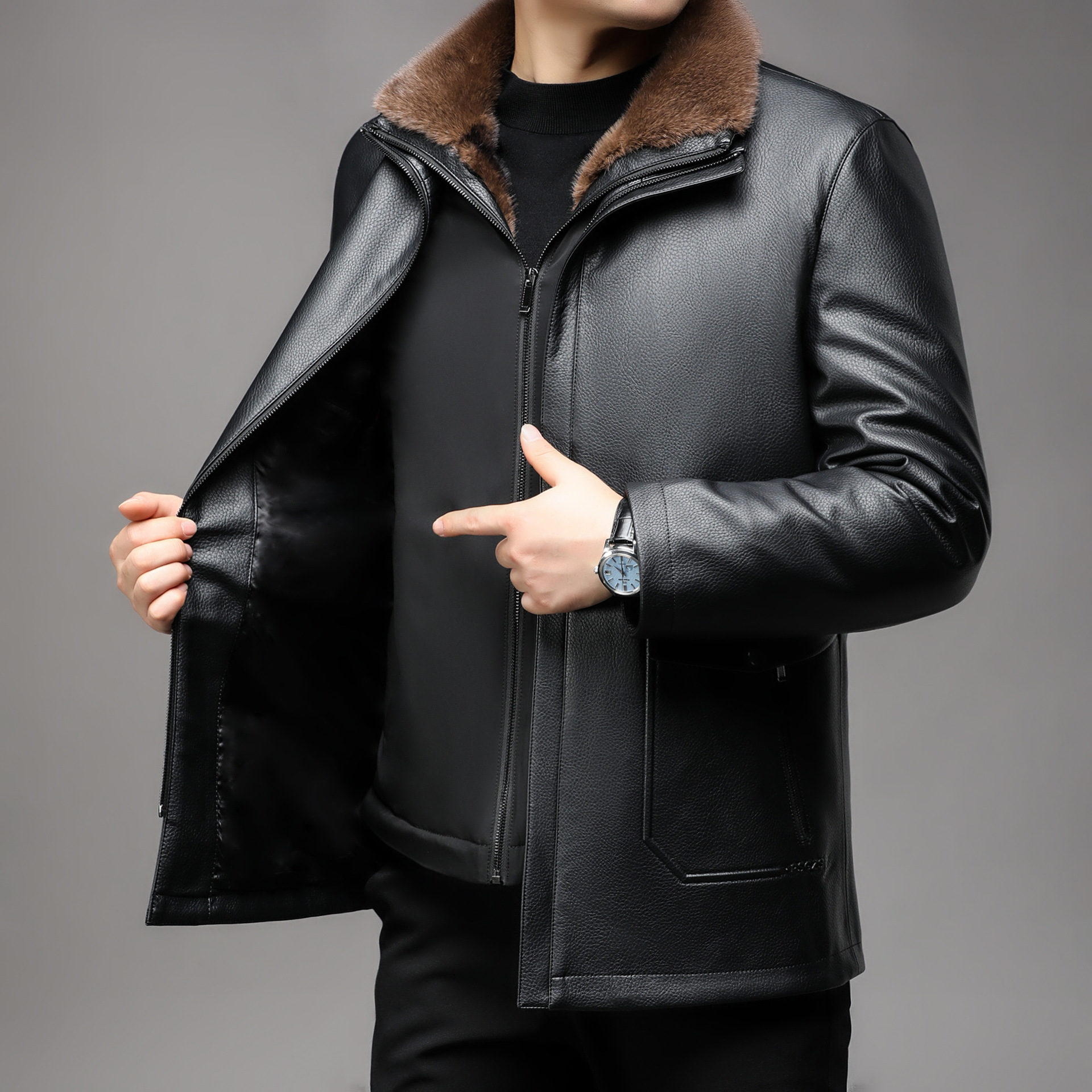 专柜真皮皮衣男2025冬加绒加厚拆卸内胆海宁皮夹克中老年皮草外套