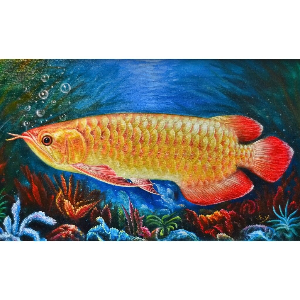 后现代轻奢餐厅墙面钻石画横版金龙鱼饭厅餐饮玄关简约