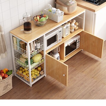 厨房置物架落地多层收纳柜多功能微波炉家用储物柜子带门碗柜橱柜