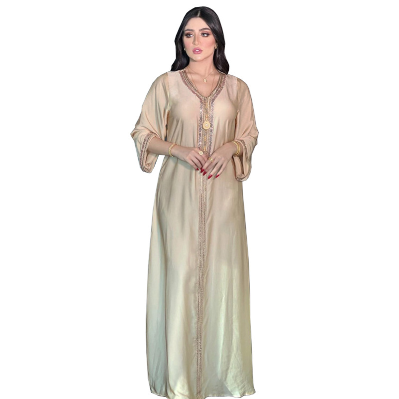Ab126 Muslim Dress Dubai Women's Fashion Abaya Long Dress Hot Drilling Dress plus Size Djellaba