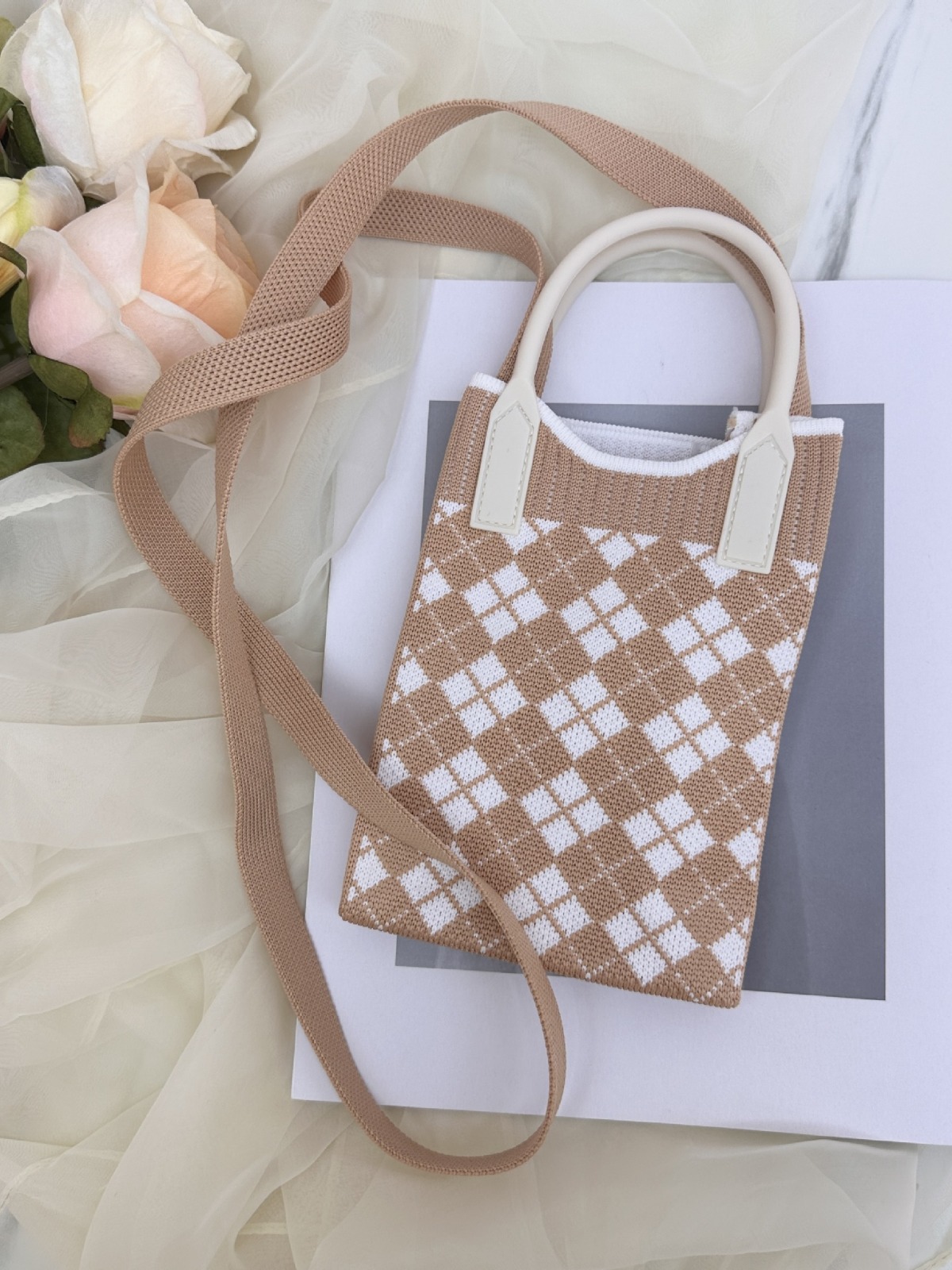 2024春季新款爆款托特包手机包飞织包包时尚百搭菱形格子包包