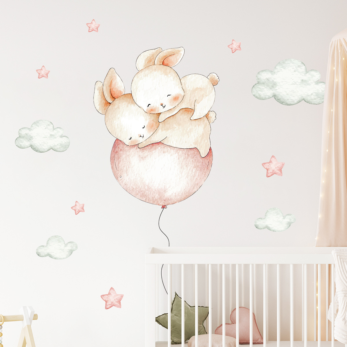 卡通云朵气球可爱小兔子自粘墙贴儿童房背景墙幼儿园装饰贴纸br63