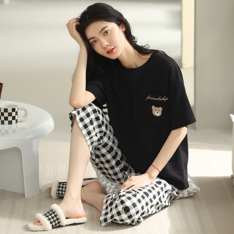 Women's Cotton Pajamas Summer Mother Large Size Fashionable Simple and Cute Knitted Short-Sleeved Cropped Pants Home Wear Suit