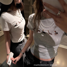 南油【Jennie同款】腊肠狗狗印花弹力修身短袖T恤女2025春装新款