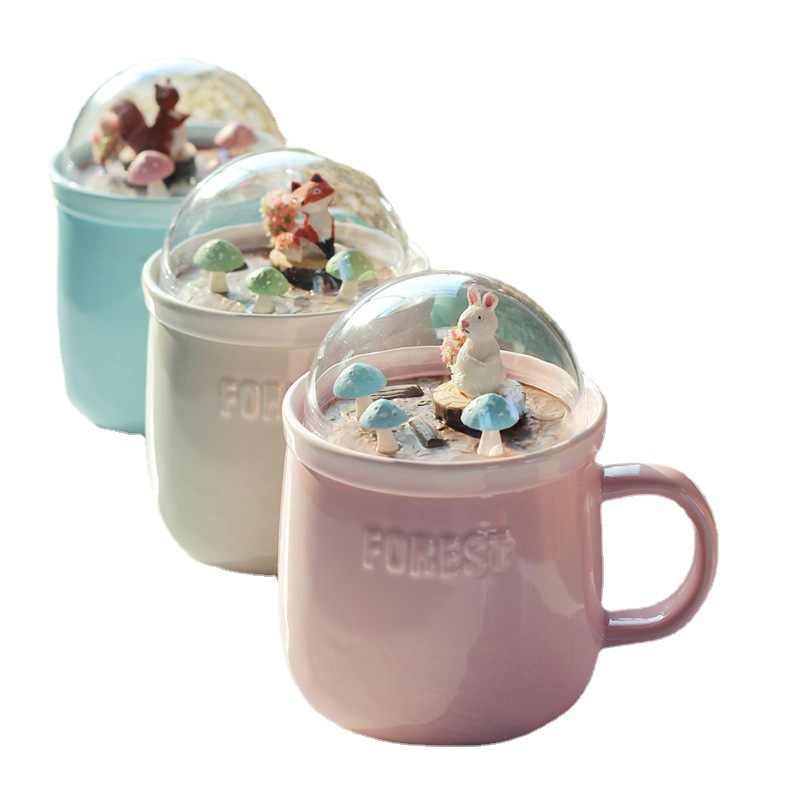 微景观陶瓷杯创意卡通森林动物马克水杯带盖咖啡杯生日朋友礼品