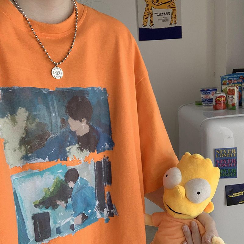 港风油画动漫短袖t恤男夏季ins原宿风宽松休闲潮流印花情侣五分袖