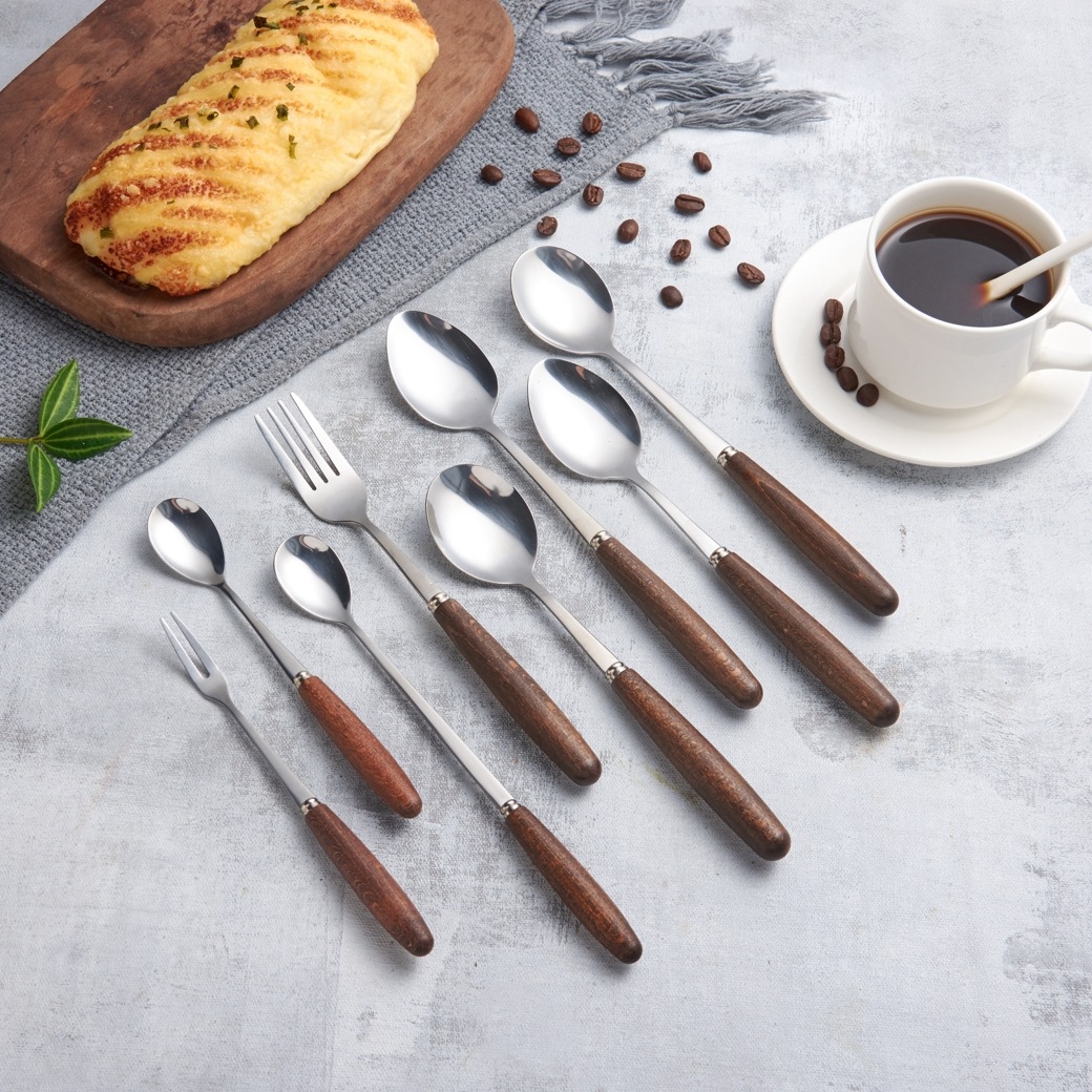 western food fork ice tip spoon in stock beech handle stainless steel fork spoon beech handle fruit fork wooden handle spoon